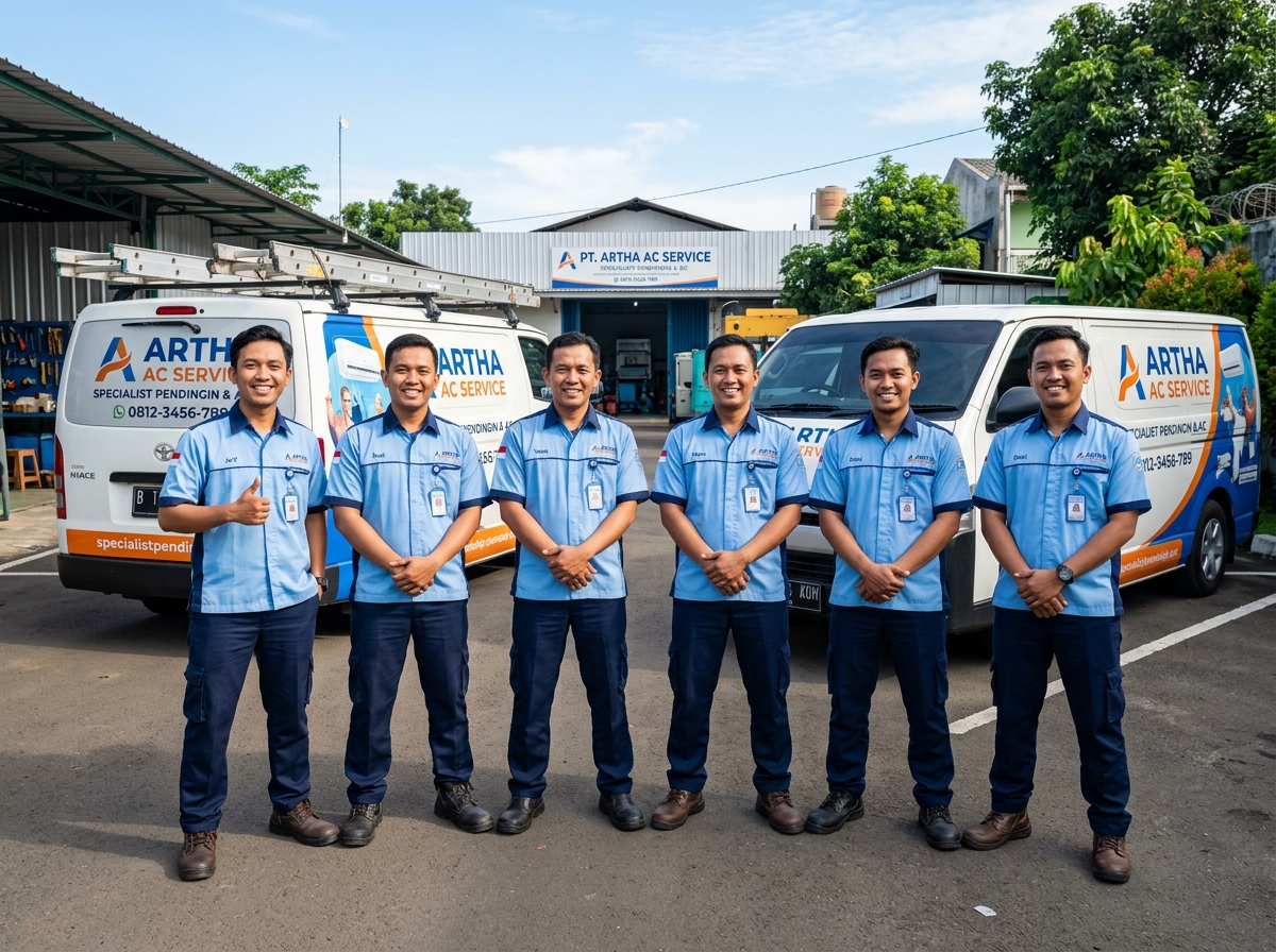 Tim teknisi Sejukin berseragam biru muda di depan dua mobil layanan